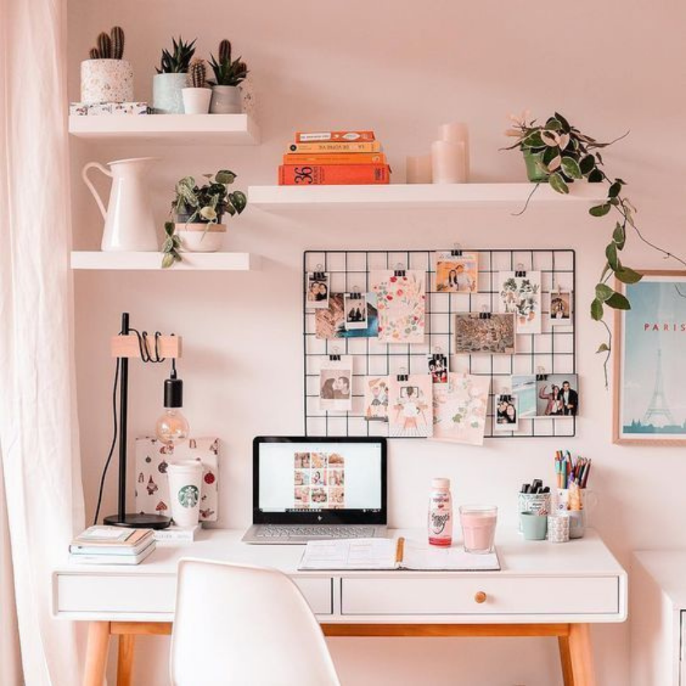 Pink office desk area with chair laptop and plants