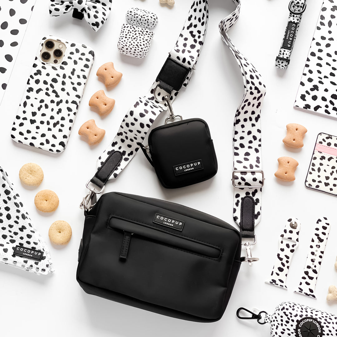 Black bag with black-and-white dotted accessories, dog treats, and an iPhone laid out neatly on a white background.