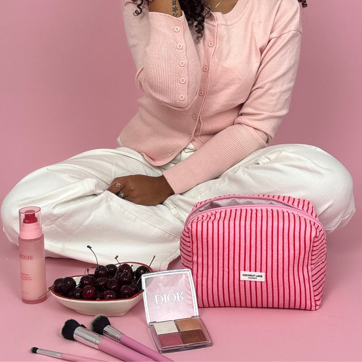 Towel Makeup Bag - Cherry Stripes