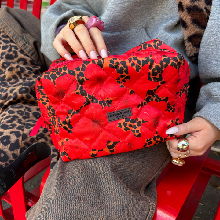 Satin Quilted Makeup Bag - Leopard Hibiscus