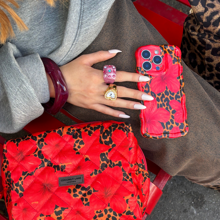 Satin Quilted Makeup Bag - Leopard Hibiscus