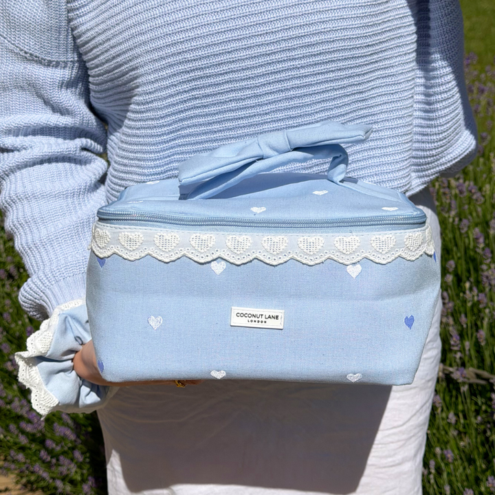 Blue Hearts Vanity Case close up image bow and lace