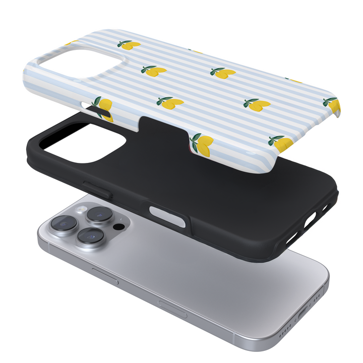 Expanded view of a phone case with a lemon and blue striped pattern on a white background