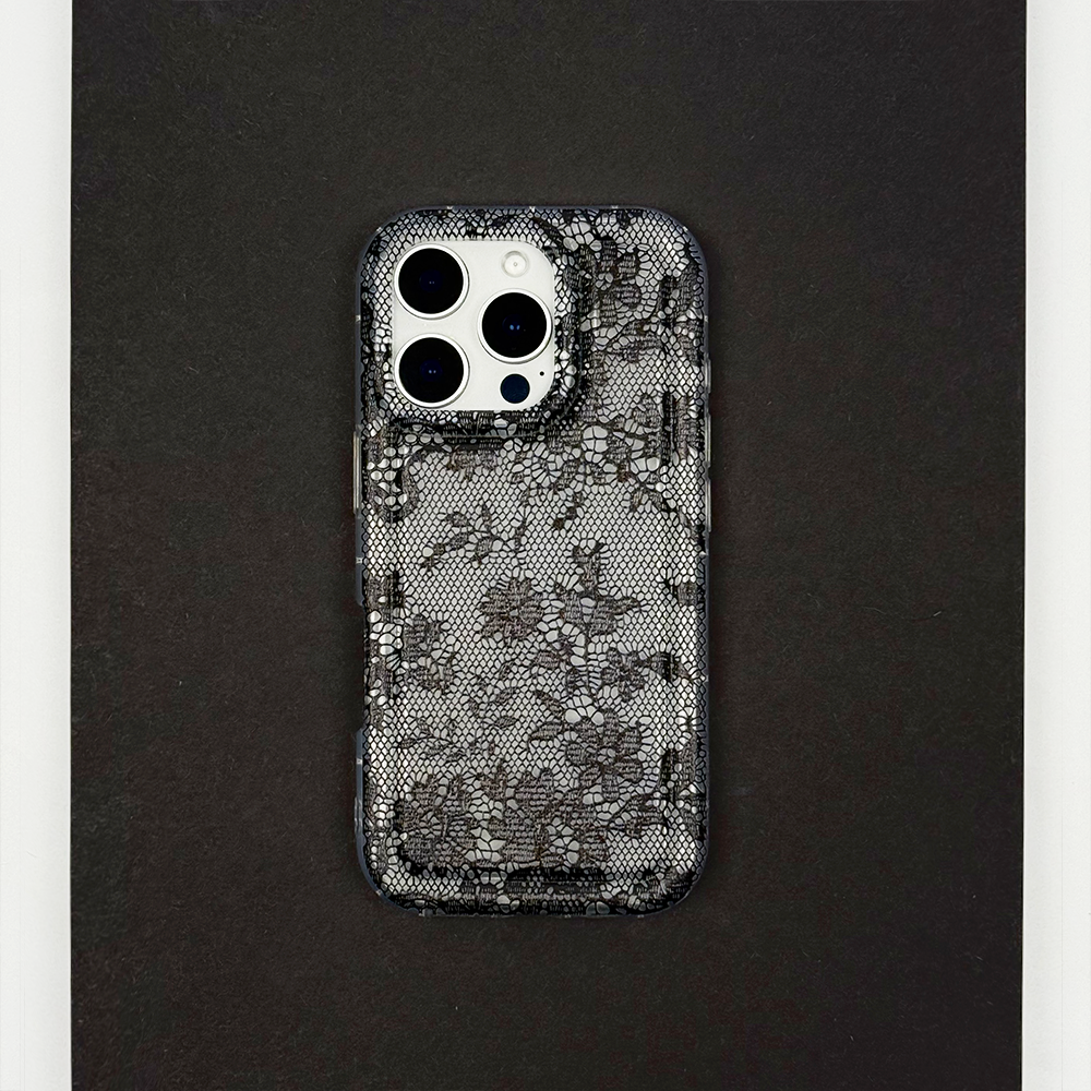 Clear Phone Case with floral lace design on a dark background.