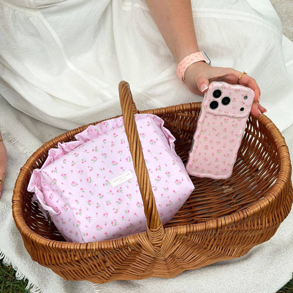 Basket with Ditsy Floral Pink Ruffles Makeup Bag inside