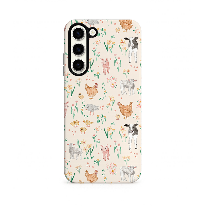 Phone case with farm animal and floral pattern on a white background