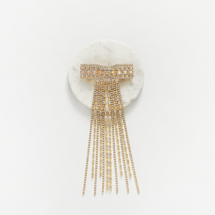 Diamante Bow Tassel Hair Clip - Gold