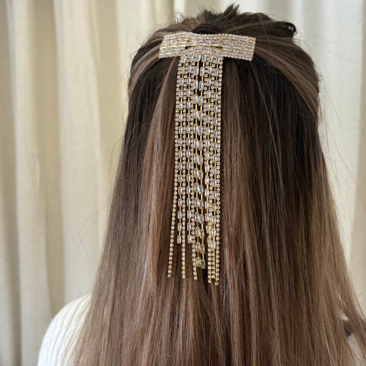 Diamante Bow Tassel Hair Clip - Gold