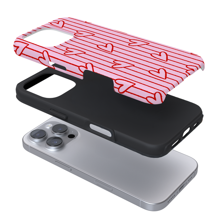 Expanded view of a pink phone case with a red striped heart pattern on a white background