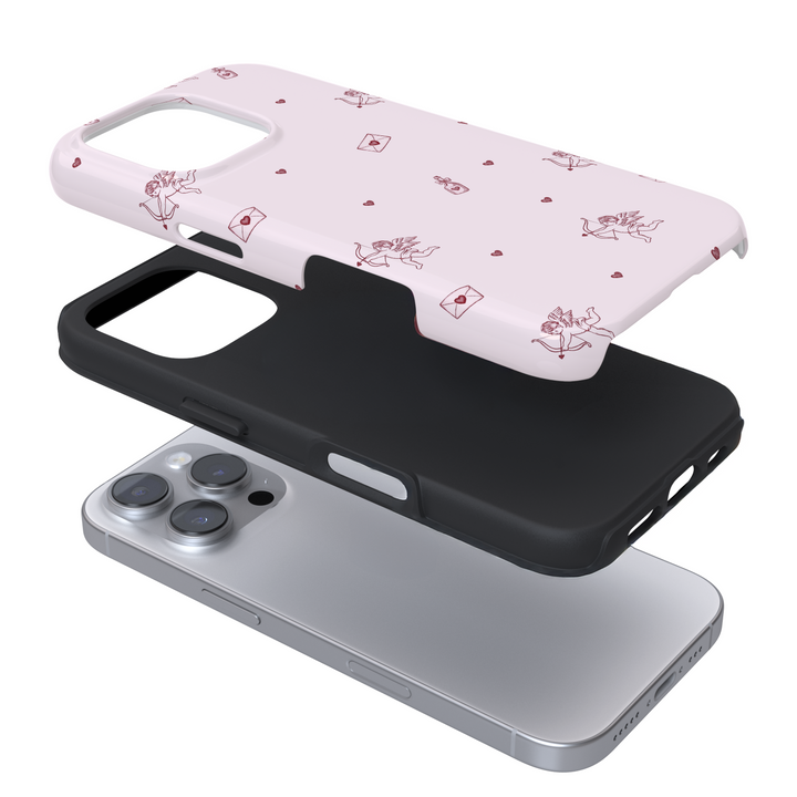 Expanded view of a phone case with a cupid and letter pattern on a white background