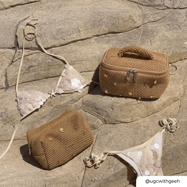 Sequined bikini set with brown woven makeup bags with shells on stone surface