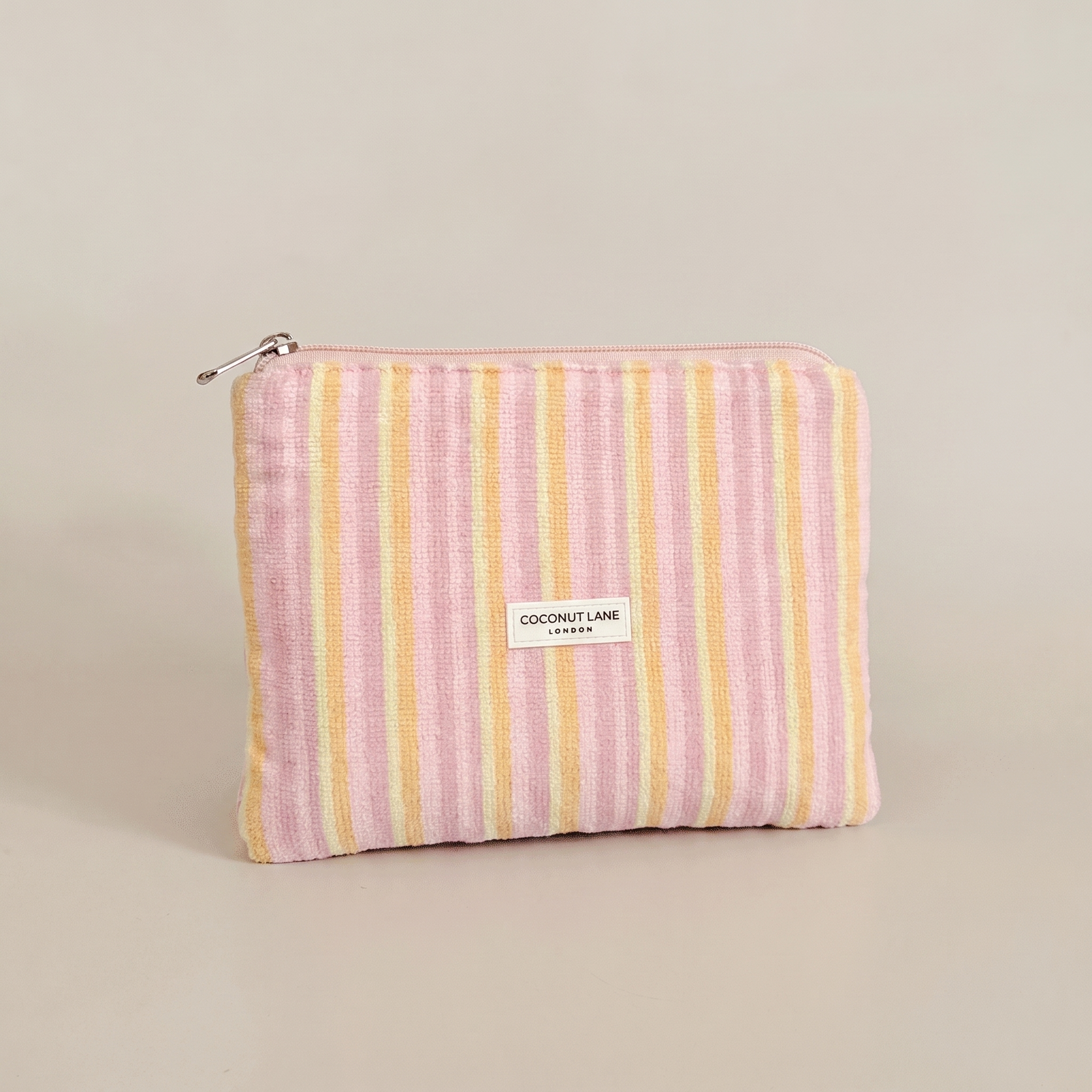 Pink, orange and yellow stripe small Pouch with zip closure.