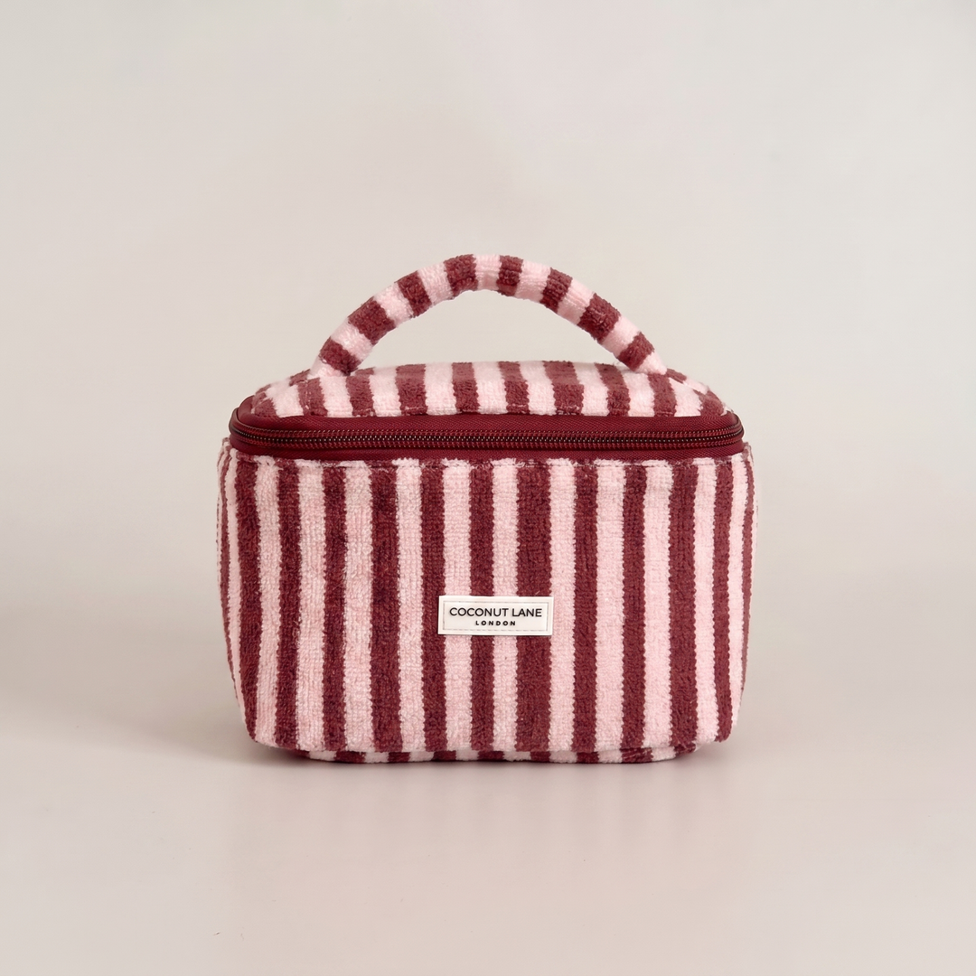 Burgundy and pale pink stripe small Vanity Bag with zip closure and padded handle.