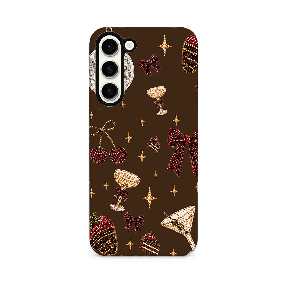 Cute Christmassy beaded icons on a dark chocolate brown phone case.