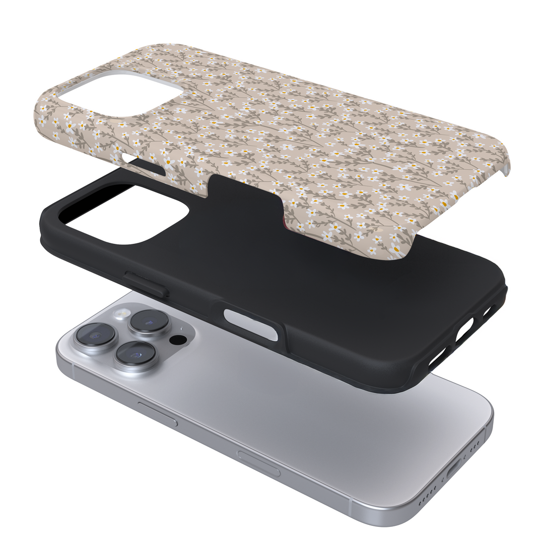 Expanded view of a phone case with a neutral floral pattern on a white background