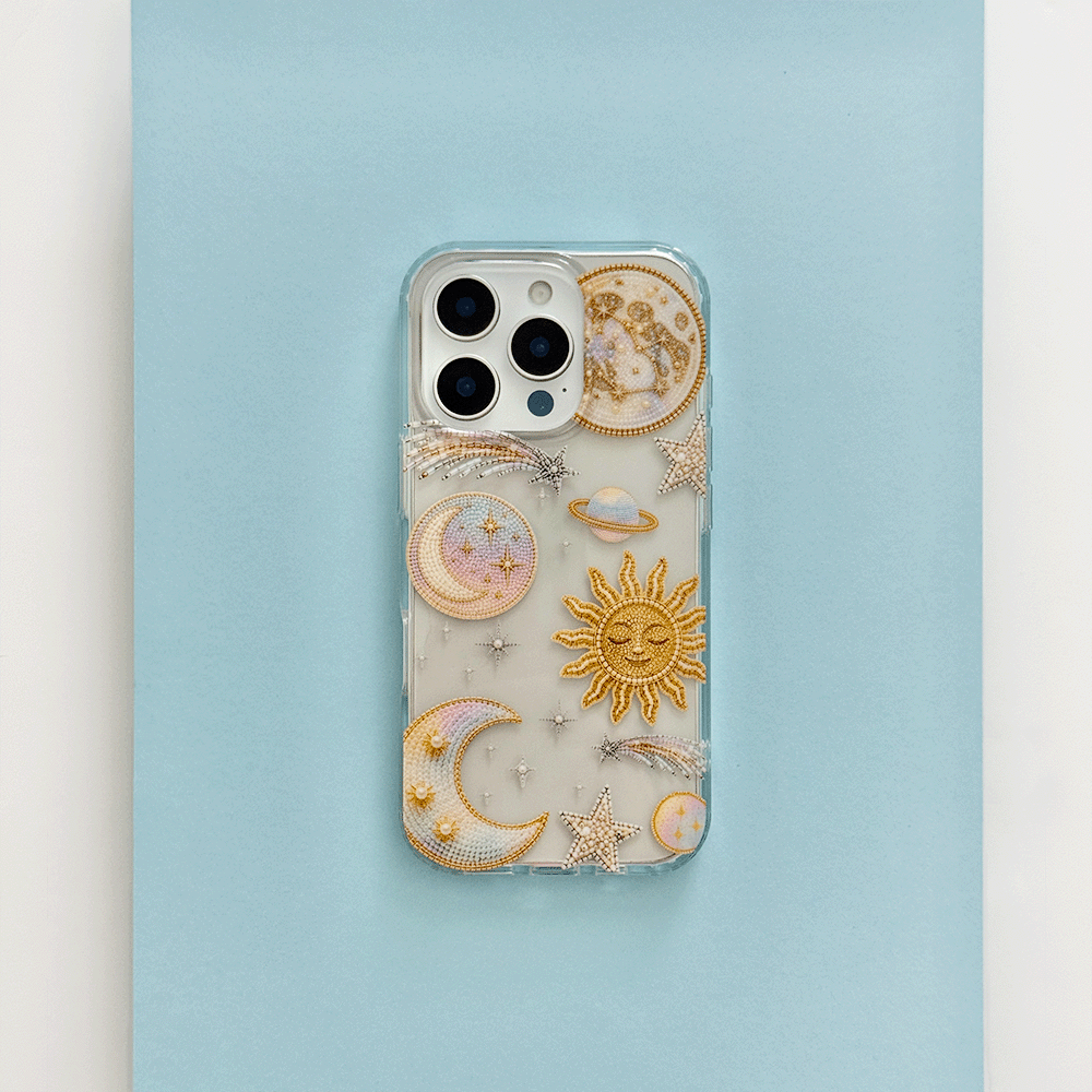 Clear Phone Case with celestial illustrations; stars, space, moon and sun.