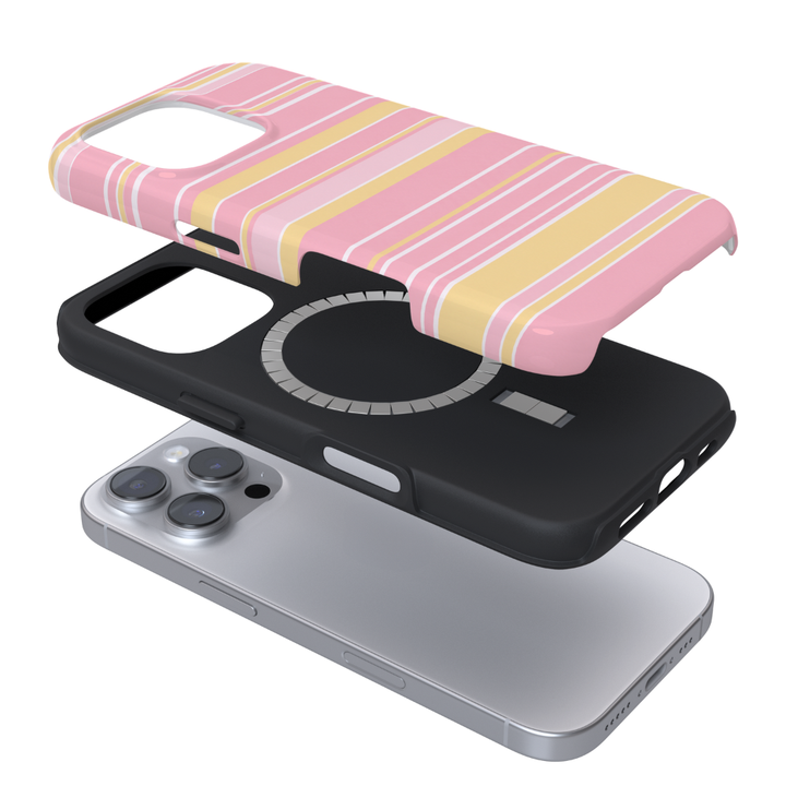White, pastel pink and butter yellow stripes.