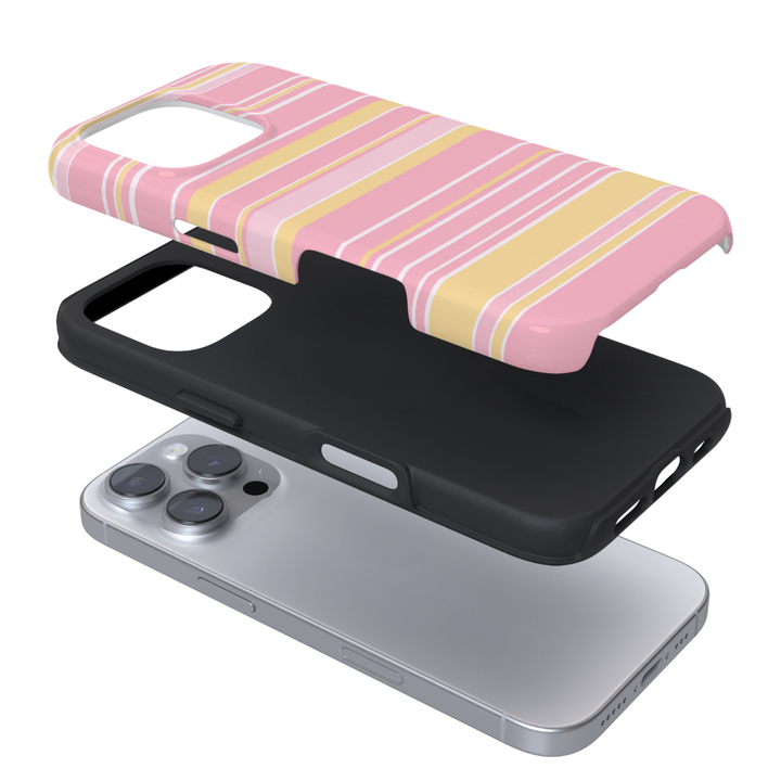 White, pastel pink and butter yellow stripes.
