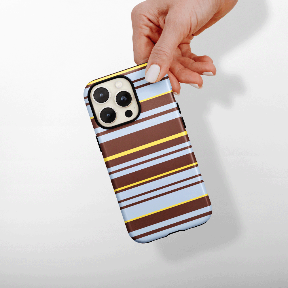 Baby blue, brown and butter yellow stripes.