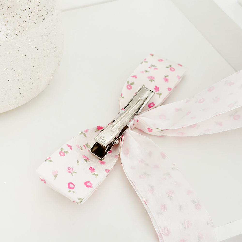 Ribbon Bow Clip - Pink Watercolour Flowers