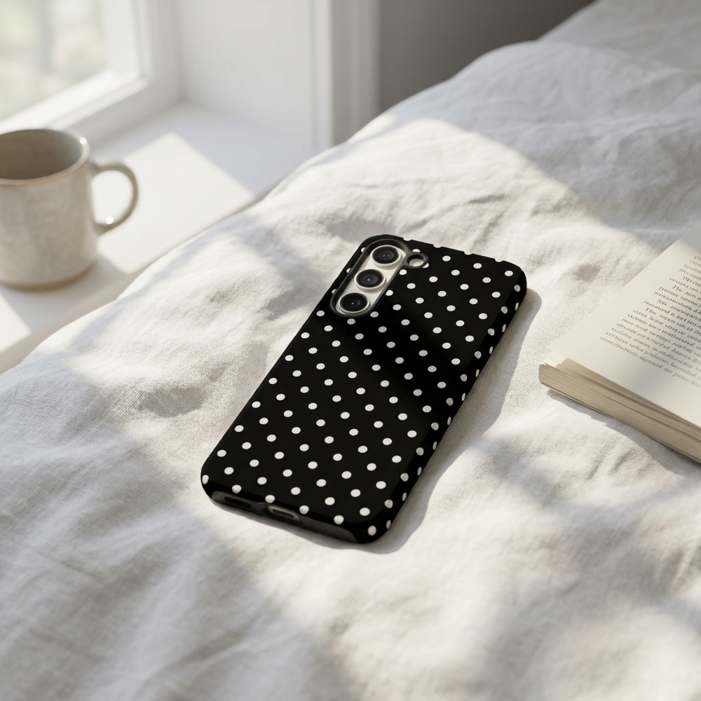 Phone case with white polka dots on a bed with a cup and book