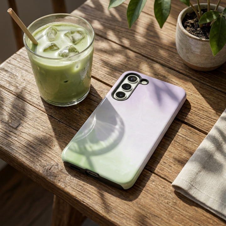 Phone Case with a gradient design next to a glass of iced green drink on a wooden table.