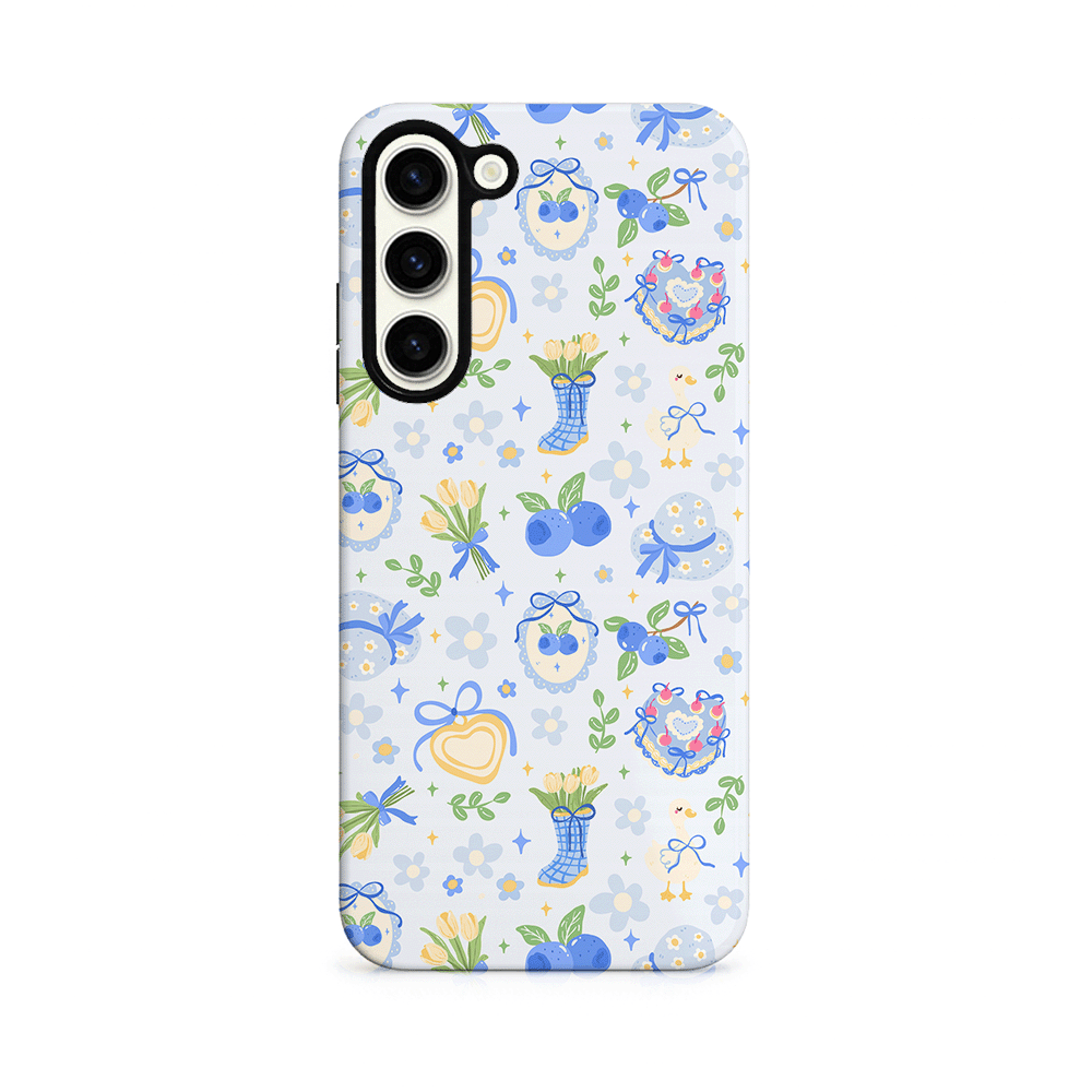 Phone case with blue flowers, bows, love hearts and geese design on a light blue background.