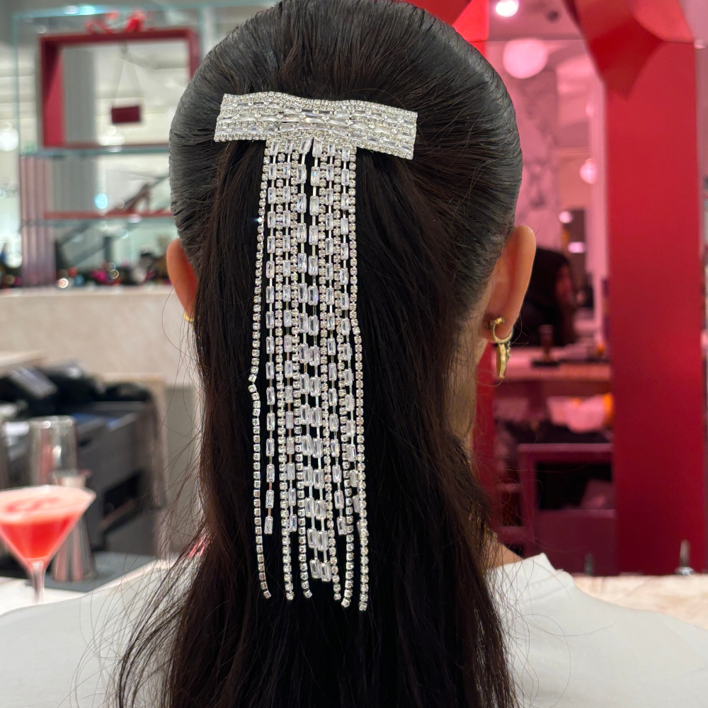 Diamante Bow Tassel Hair Clip - Silver