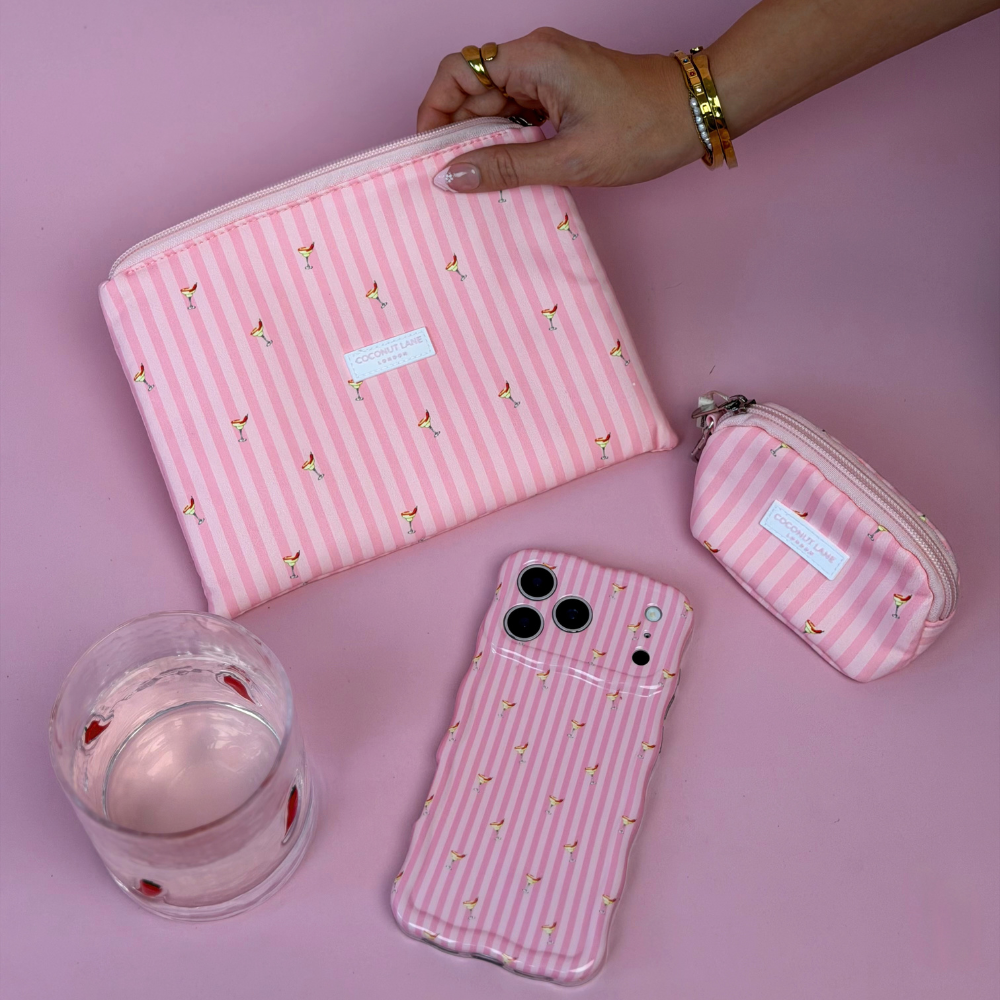 Pink striped wavy phone case and matching zip pouch, with mini keyring bag. They are decorated with small spicy margarita illustrations. 