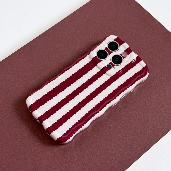 Burgundy and light pink striped Phone Case with wavy edging, Phone Case covers and protects camera area.