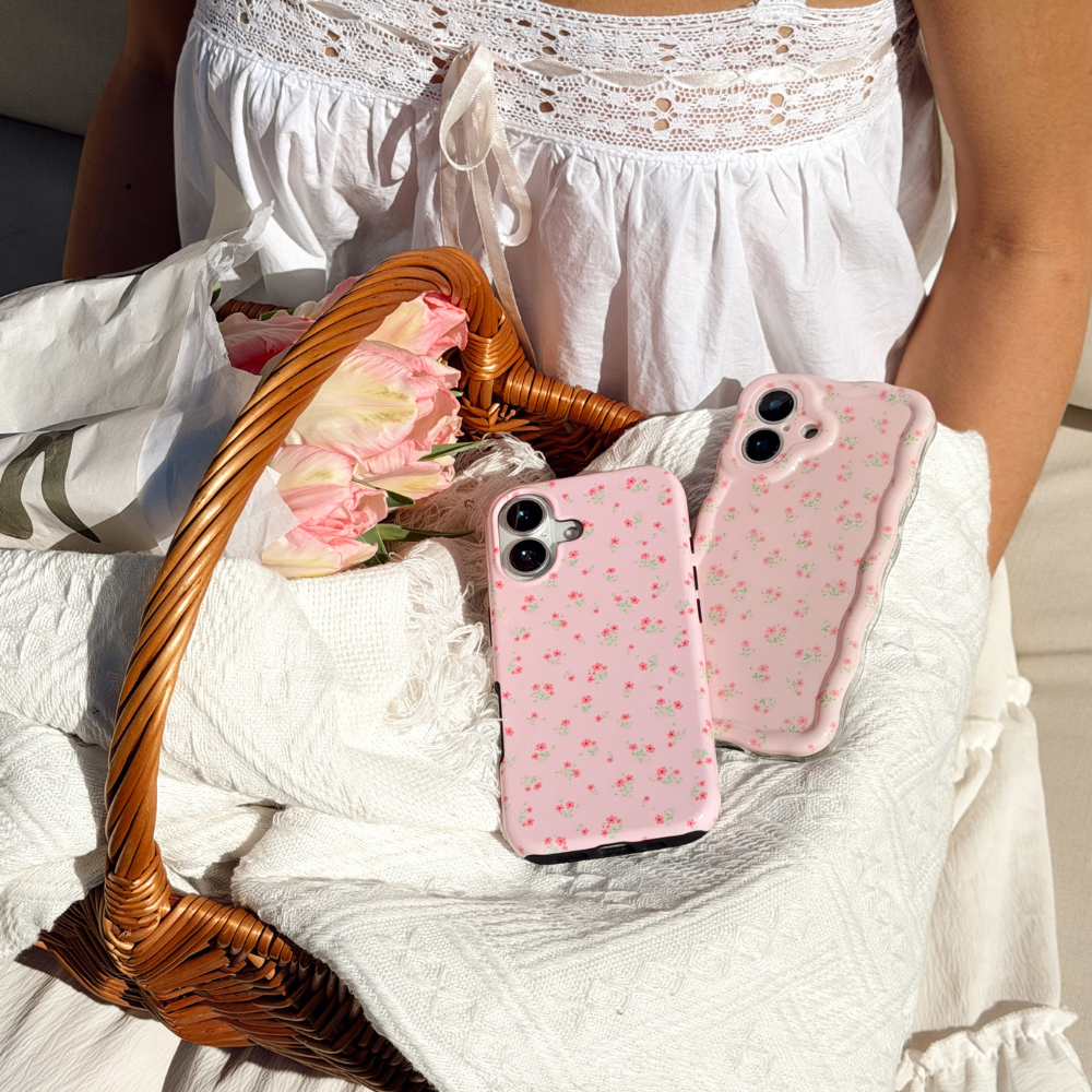 Ditsy Floral Pink Phone Cases in basket with flowers