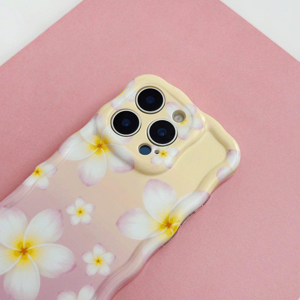 Pink and yellow ombre Wavy Coconut Lane Phone Case with white hibiscus flower design.