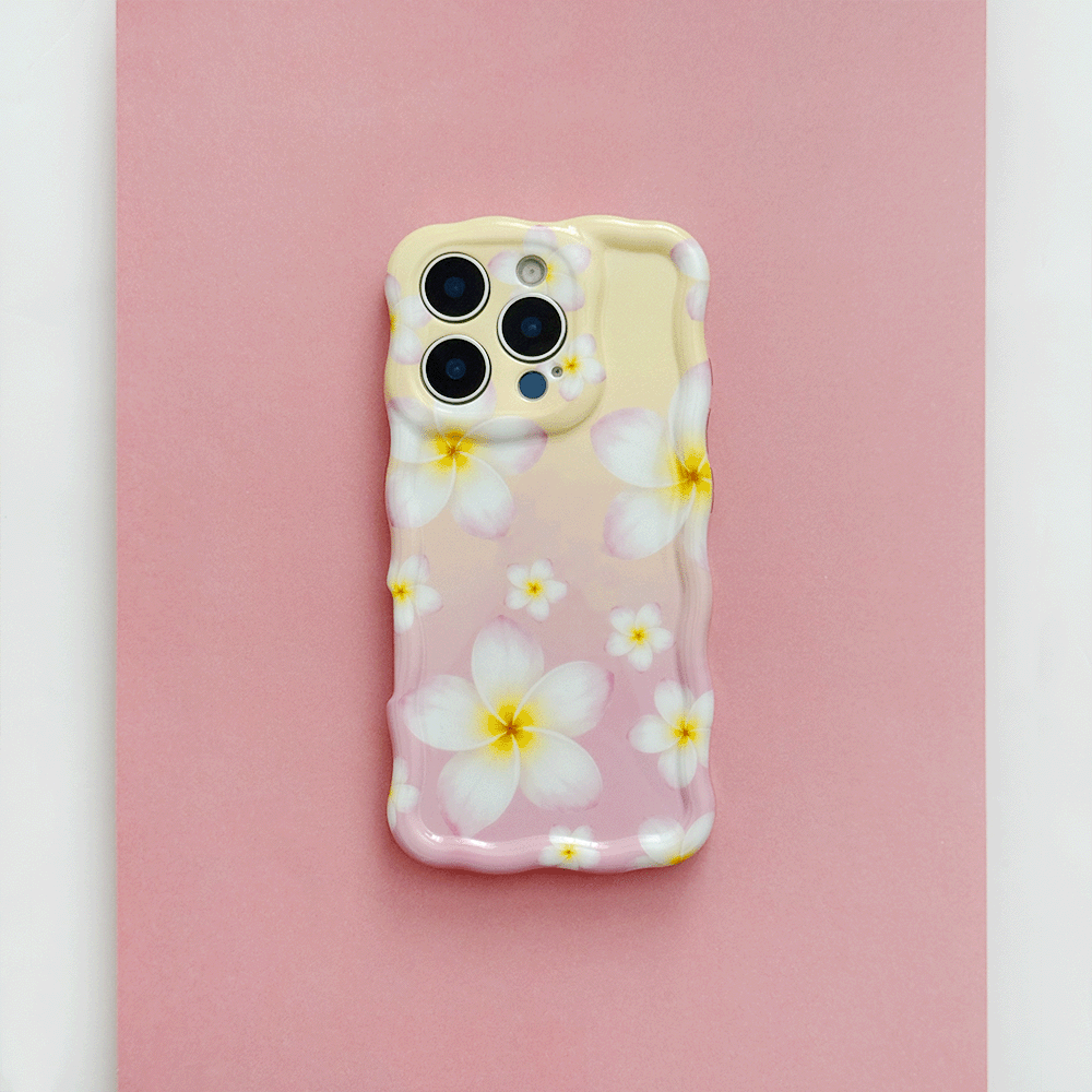 Pink and yellow ombre Wavy Coconut Lane Phone Case with white hibiscus flower design.