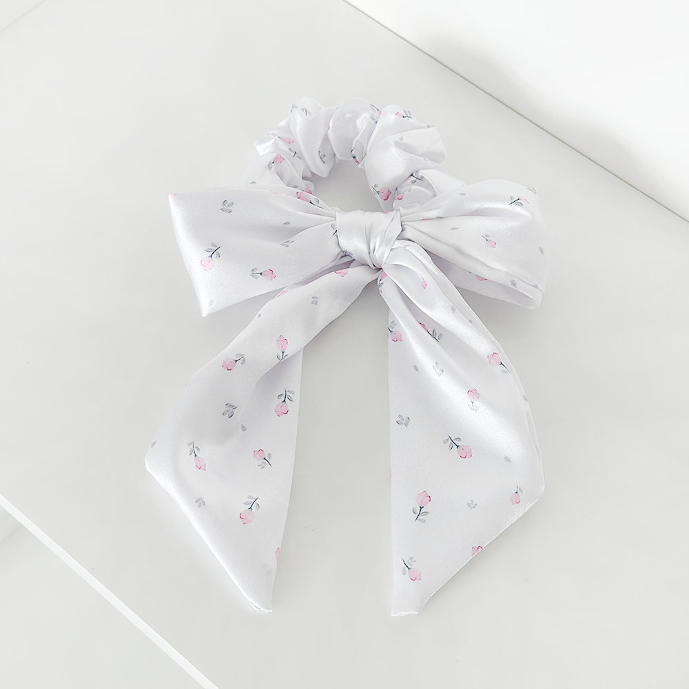 Satin Bow Scrunchie - Ditsy Floral White